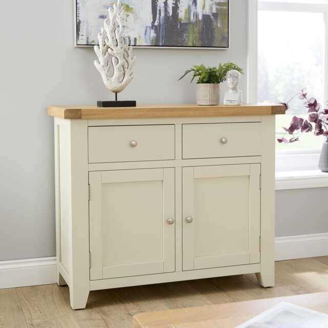 Melbourne 2 Drawer 2 Doors Sideboard Solid Wooden Cabinet Oak Top White White