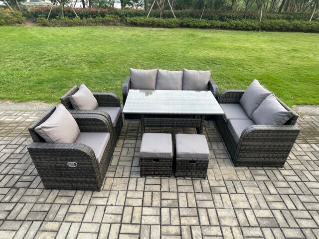 Fimous 9 Seater Lounge Rattan Sofa Set Outdoor Garden Furniture Oblong Rectangular Dining Table With Adjustable Chair Love Sofa 2 Small Footstools Dark Grey Mixed