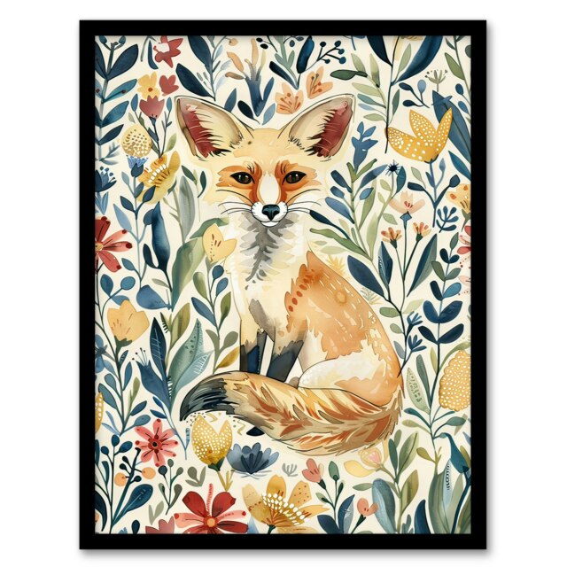 Fennec Fox in Wildflower Field Floral Watercolour Black Framed Wall Art Print A4