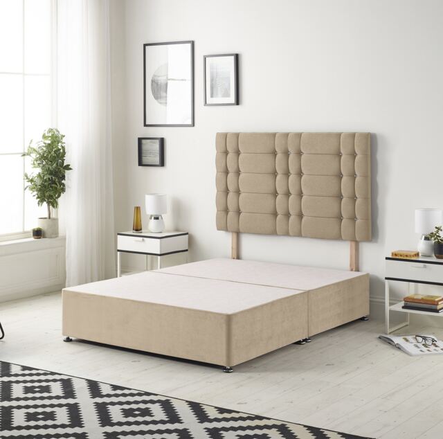 Astoria Divan Bed Base with 30 Inch Diamonte Button Headboard Plush Velvet Brown Beige Double