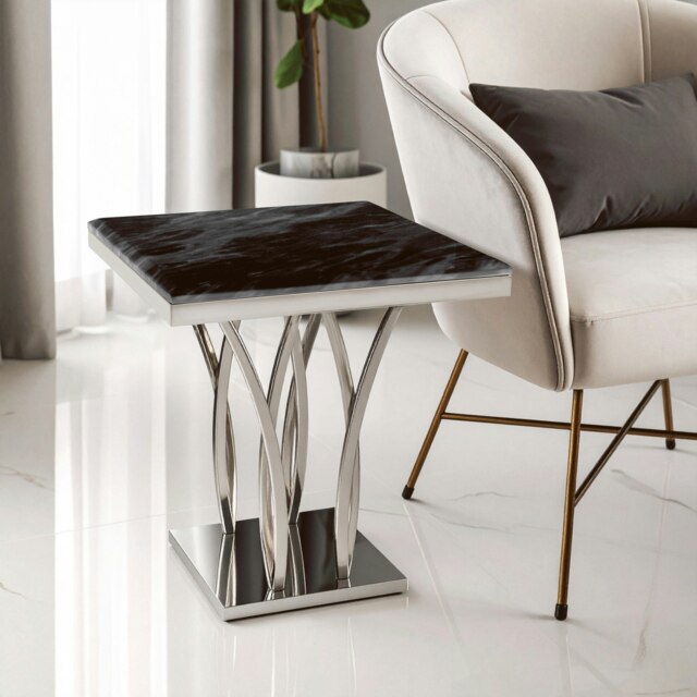 Interiors by Premier Black Marble And Silver Side Table,Luxurious Decorative Table, Silver Metal Table, Elegant Accent Table Silver