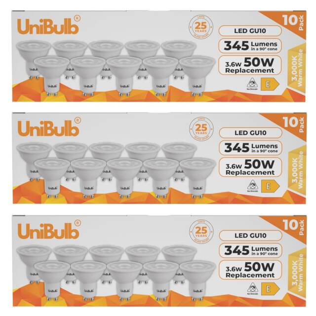 UniBulb LED GU10 345lm 3.6W (Replaces 50W) 3000K (Warm White) Spotlight Downlight Light Bulb - Pack of 30