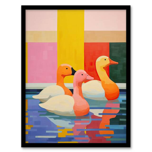 Chameleon Ducks Swimming Vibrant Geometric Black Framed Wall Art Print A4