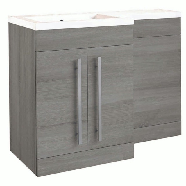 Bathroom Right Handed 2 Door Combination Unit with L Shape Basin 1100mm Wide (Nexus) - Silver Oak- Brassware Not Included Brown Brown 1