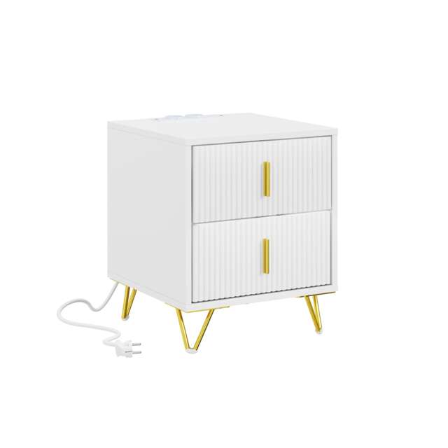 SoBuy White Bedside Table with 2 Drawers & Charging Station, 15.7x15.7x18.5 in, 11.4 kg - FBT115-E-W