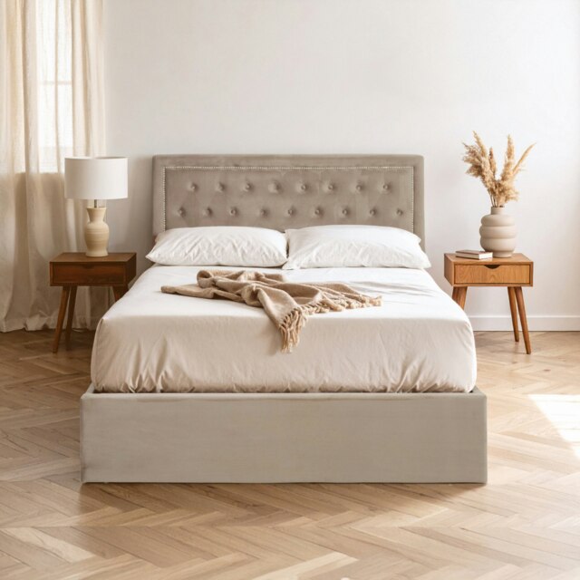 Interiors By Premier Classic Mink Velvet Double Ottoman Bed, Elegant Button Tufted Bedroom Bed, Ottoman Stud Detailed Bed