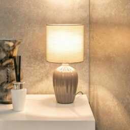 ValueLights Atlas Grey Fluted Ceramic Bedside Table Lamp with a Fabric Lampshade & Bulb Grey