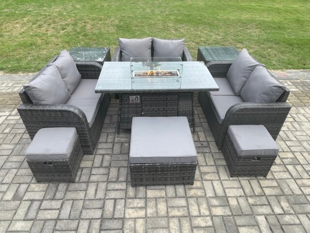 Fimous Outdoor Rattan Furniture Garden Dining Set Gas Fire Pit Table with 2 Side Tables Love Sofa 3 Footstools Dark Grey Mixed