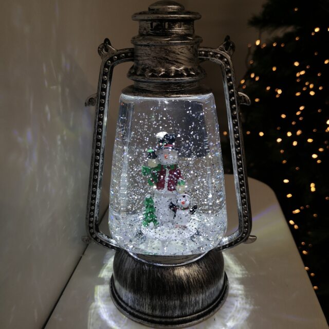 24cm Christmas Water Spinner Antique Silver Effect Hurricane Lantern Style with Snowman & Penguin Scene