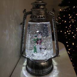 24cm Christmas Water Spinner Antique Silver Effect Hurricane Lantern Style with Snowman & Penguin Scene