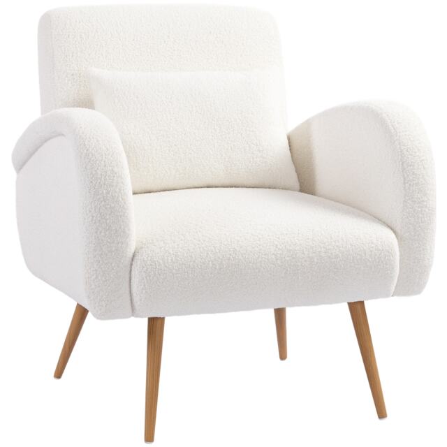 HOMCOM Teddy Fleece Upholstered Accent Chair with Metal Legs, Cream White