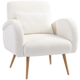 HOMCOM Teddy Fleece Upholstered Accent Chair with Metal Legs, Cream White