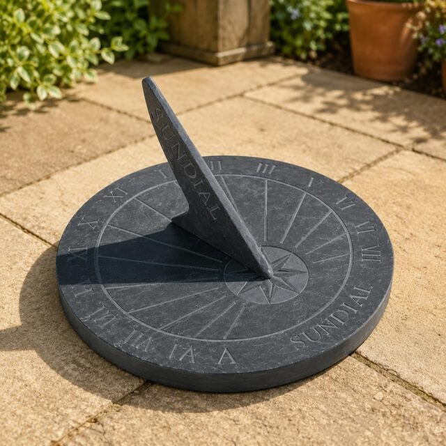 CKB LTD Slate Sundial Outdoor Garden Ornament - Large Round Tabletop Patio Sun Clock With Roman Numerals Display, Timepiece Décor