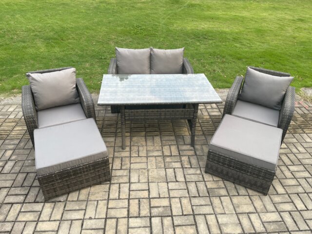 Fimous Patio Rattan Garden Furniture Set with Oblong Rectangular Dining Table 2 Big Footstool 6 Seater Outdoor Lounge Sofa Set Dark Grey Mixed