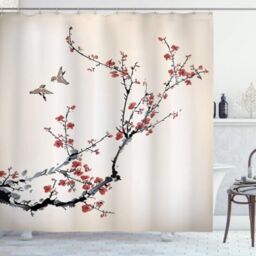 Nature Shower Curtain, Birds Art Style, Fabric Bathroom Decor Set with Hooks, 180cm x 180cm, Black Burgundy