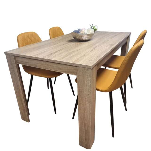 Dining Table and 4 Chairs Oak Effect Table with 4 Mustard Gem Patterned Chairs