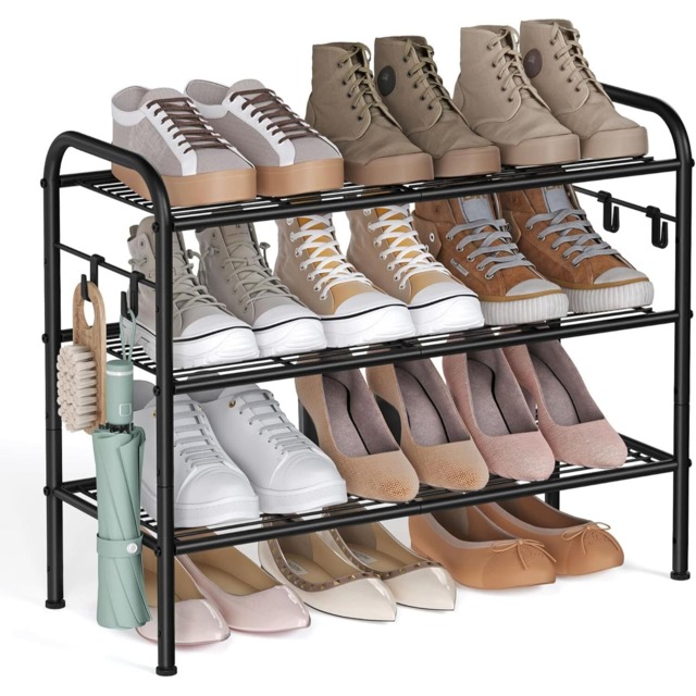 3-Tier Shoe Rack, Metal Shoe Shelf with Hooks, Adjustable Entryway Organizer for Closet and Hallway, Ink Black