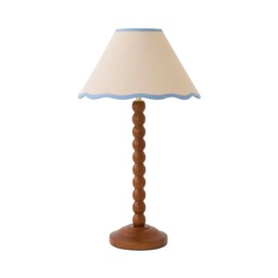 ValueLights Bobble Walnut Table Lamp Blue Trim Scallop Shade and Bulb