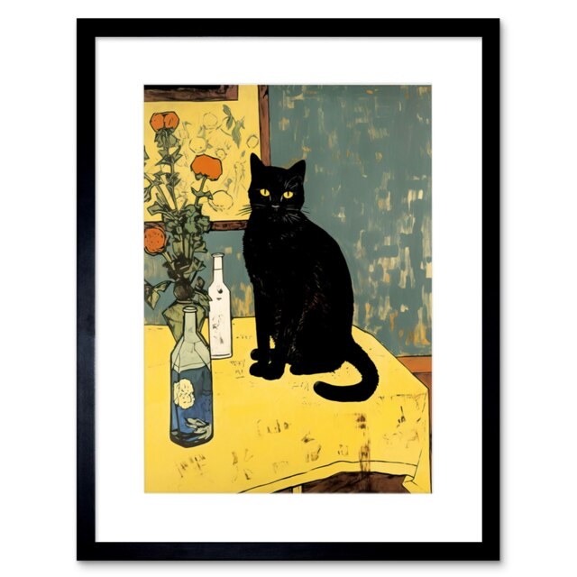 "Simple Black Cat Yellow Table Van Gogh Flowers 9x7"" Black Framed Wall Art Print"