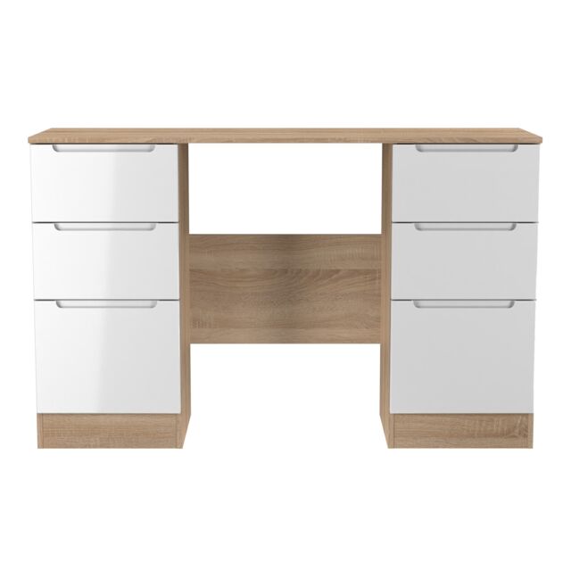 Lucca 6 Drawer Kneehole Desk in White Gloss & Bardolino Oak (Ready Assembled) White White Gloss & Bardolino Oak