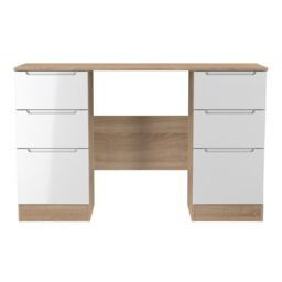 Lucca 6 Drawer Kneehole Desk in White Gloss & Bardolino Oak (Ready Assembled) White White Gloss & Bardolino Oak