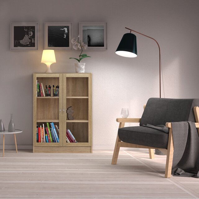 Basic Low Wide Display Cabinet in Oak (2 Shelves) with 2 Glass Doors in Oak