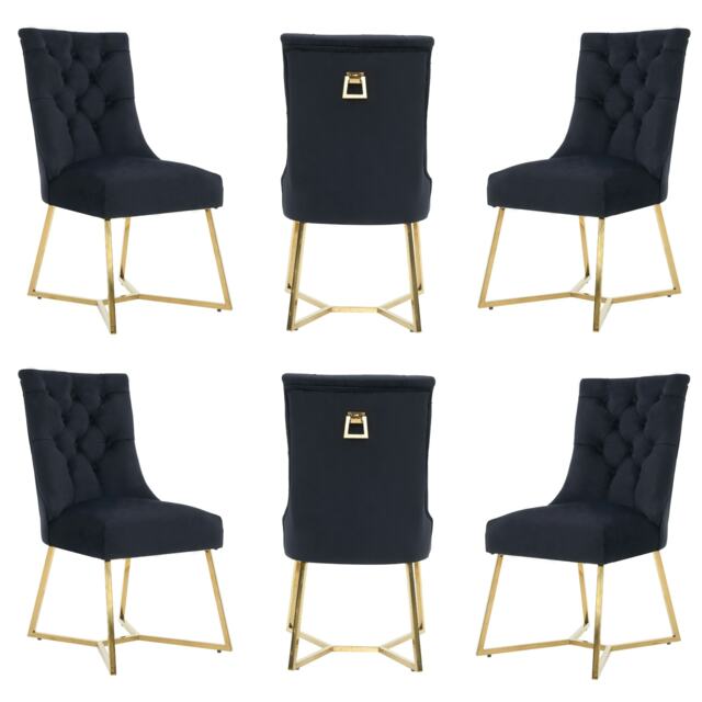 Set of 6 Ambra Modern Velvet Dining Chairs with Gold Legs & Ring Handle - Tufted Back, Plush Foam Seat, Luxury Accent Chair Blue Blue