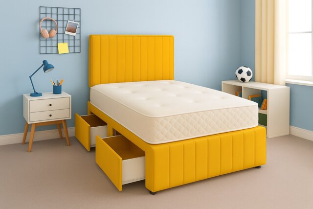 Mustard Plush 4ft6 Double Divan Bed Set Headboard & Footboard - No Drawers