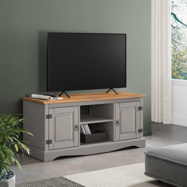 Mercers Furniture Corona Grey Wax 2 Door TV Cabinet Media Unit 1 Shelf Television Stand Solid Wood Pine Wooden with Mexican Styling