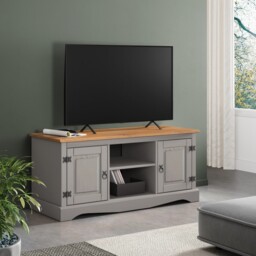 Mercers Furniture Corona Grey Wax 2 Door TV Cabinet Media Unit 1 Shelf Television Stand Solid Wood Pine Wooden with Mexican Styling
