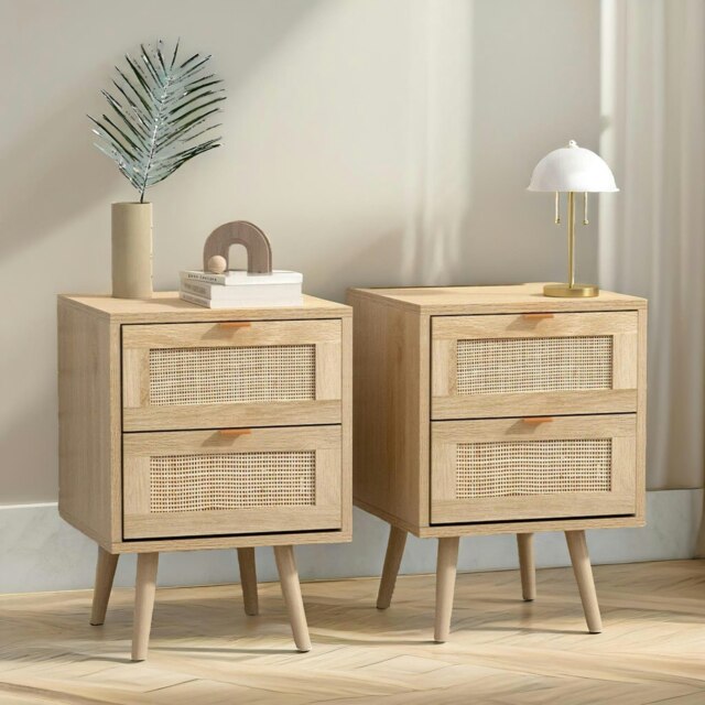 Set Of 2 Wooden Rattan Bedside Tables With 2 Drawers Brown Brown