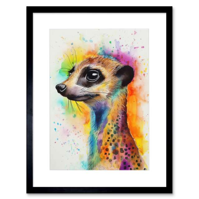 "Meerkat Portrait Watercolour Painting 9x7"" Black Framed Wall Art Print"