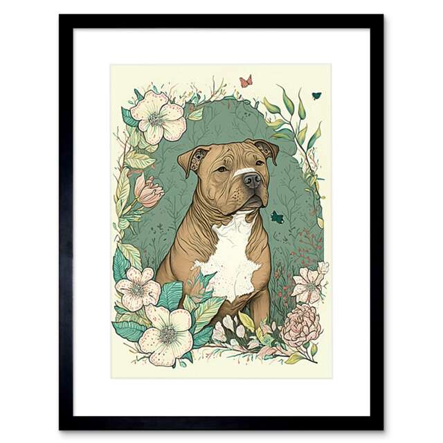 "Brown Staffordshire Bull Terrier Flowers Modern Boho 9x7"" Black Framed Wall Art Print"