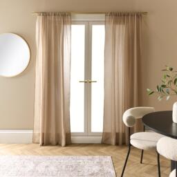 OHS Linen Look Voile Curtains 2 Panels Net Rod Slot Top Pair Brown Mink