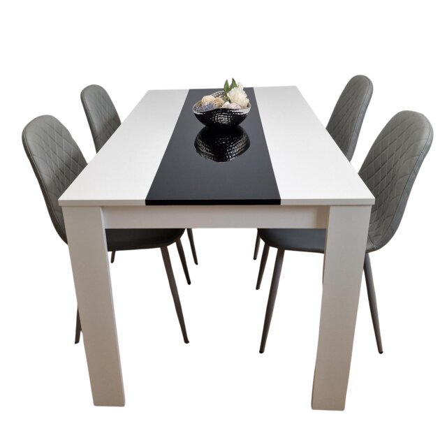 White Black Wooden Dining Table with 4 Grey Faux Leather Chairs Set