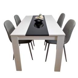 White Black Wooden Dining Table with 4 Grey Faux Leather Chairs Set