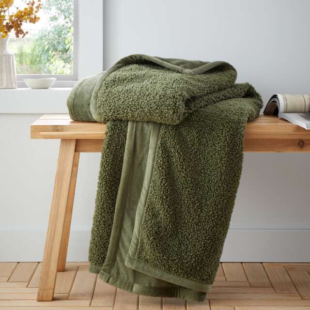 Catherine Lansfield So Soft Velvet Boucle Blanket Throw Green Olive Green