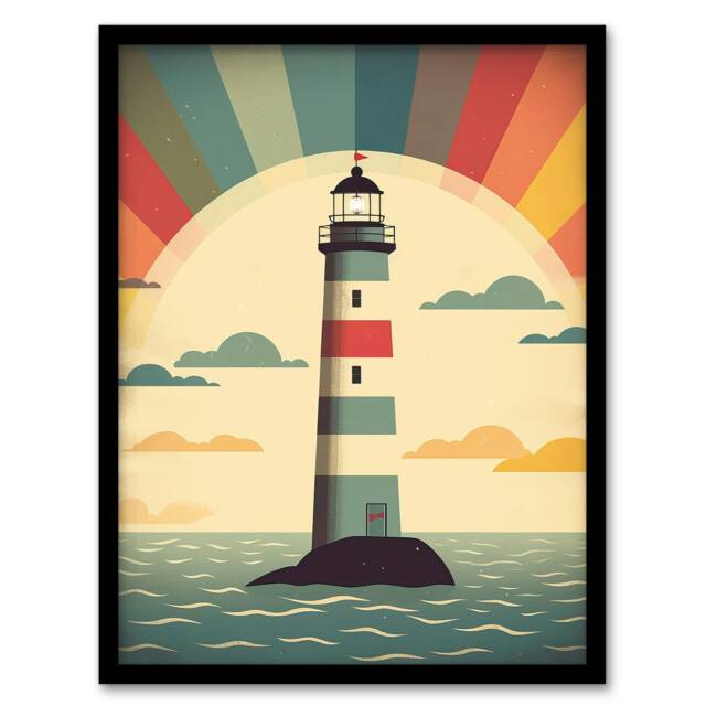 Retro Lighthouse Bathroom Art Sunrise Mid Black Framed Wall Art Print A4
