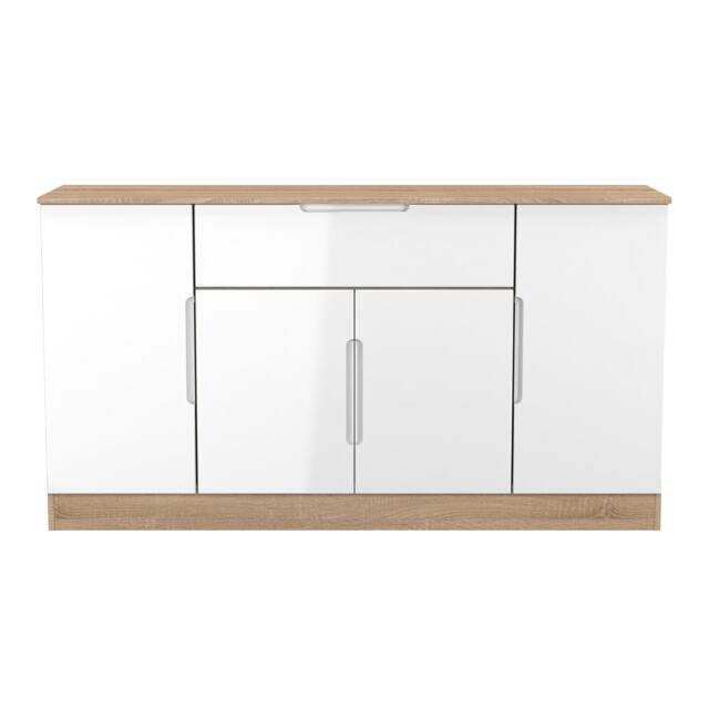 Lucca 4 Door 1 Drawer Wide Sideboard in White Gloss & Bardolino Oak (Ready Assembled) White White Gloss & Bardolino Oak