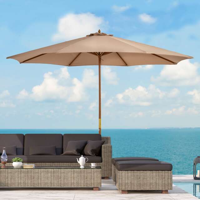 Outsunny 3(m) Wooden Garden Parasol Sun Shade Outdoor Umbrella Canopy Khaki Brown