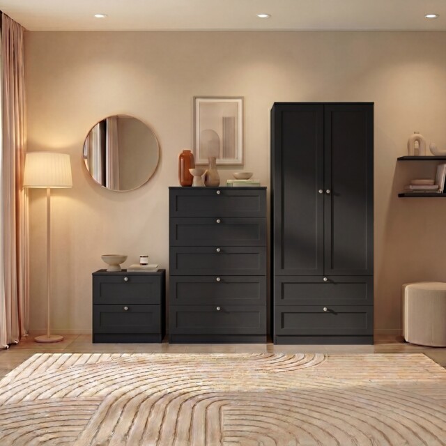 Vida Designs Altino 3 Piece Bedroom Set (2 Drawer Bedside, 5 Drawer Chest, 2 Door 2 Drawer Wardrobe), Black