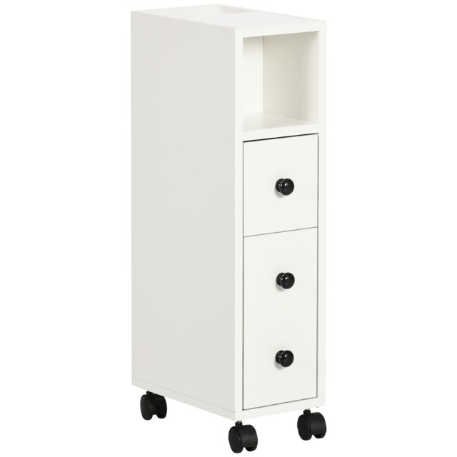 kleankin Slimline Bathroom Storage Unit w 2 Drawers 2 Open Compartments Wheels Handles Freestanding Compact Home Office Furniture White
