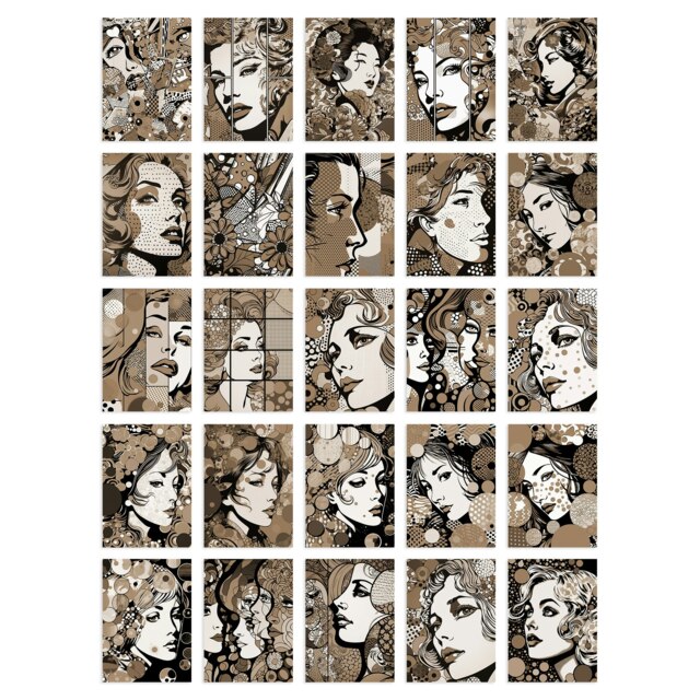 Fashion Face Pop Art Comic Sepia Aesthetic Wall Art Set of 50 Unframed A6 Prints Brown