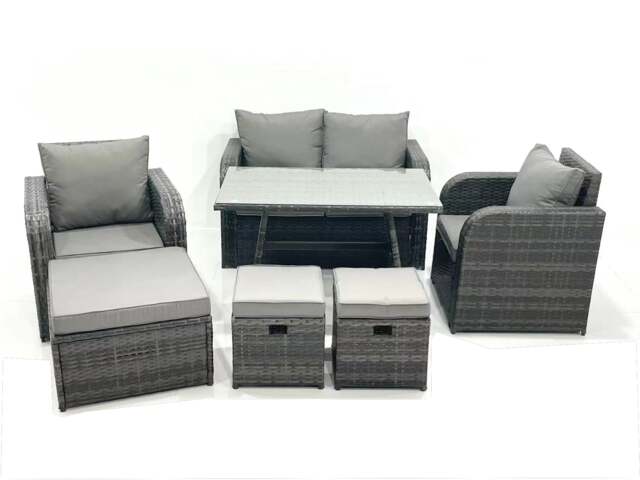 Fimous Outdoor Garden Furniture Set Rattan Sofa Dining Table Set with Reclining Chair 3 Footstool Dark Grey Mixed