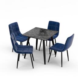 5-Piece Dining Set - 80cm Square Sintered Stone Table and 4 Velvet Chairs with Metal Legs Black Black & Blue 1