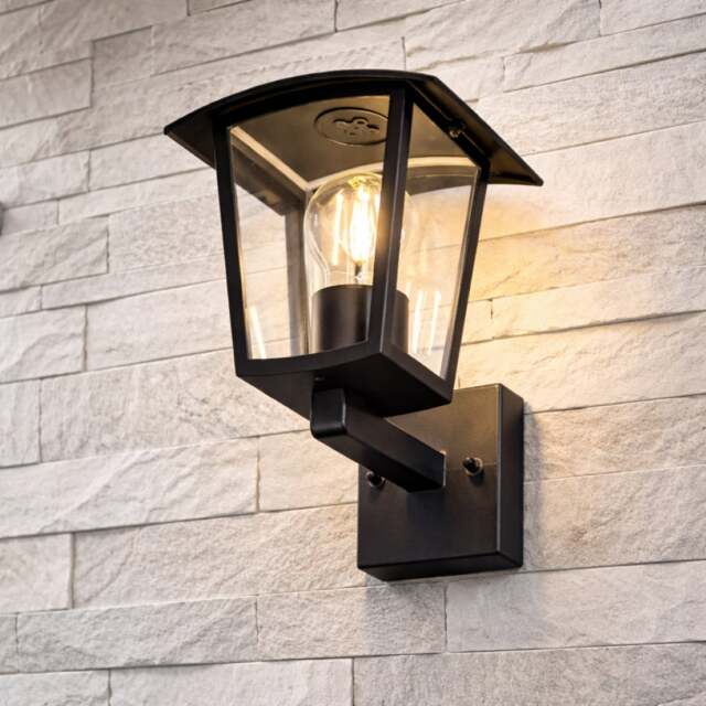 CGC Lighting Ally Black E27 Outdoor Wall Lantern Light with Clear Diffuser IP44 Black Black Height: 22 cm, Width: 17 cm, Depth: 17 cm