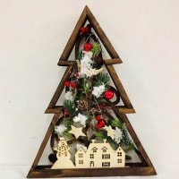 40cm Prelit Wooden Tree Frame Tabletop Decorations Xmas Ornament Gifts Decorated with Leaves Pine Cones Berries 3D Nordic Scene