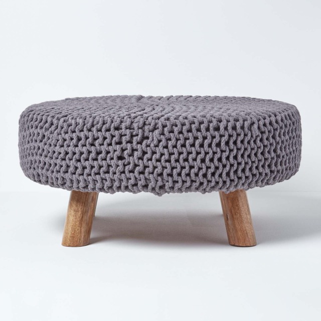 Homescapes Sea Grey Large Round Cotton Knitted Footstool on Legs Grey 62 x 62 x 30 cm