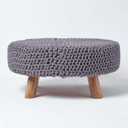 Homescapes Sea Grey Large Round Cotton Knitted Footstool on Legs Grey 62 x 62 x 30 cm