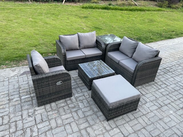 Fimous 6 Piece Garden Furniture Sets 6 Seater Outdoor Patio Furniture Set Weaving Wicker Rattan Sofa Chair and Table with Big Footstool Side Table